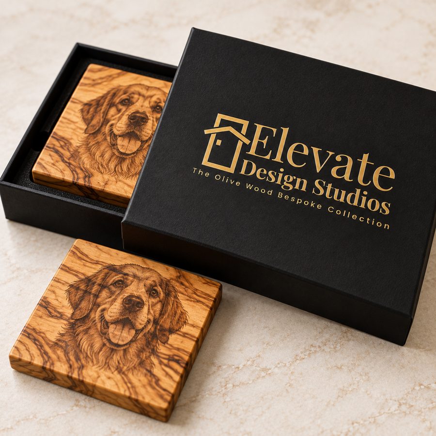 Luxury black Elevate Design Studios gift box with personalised olive wood coasters